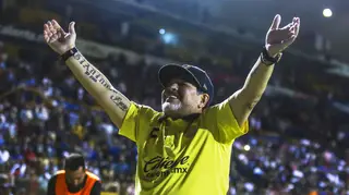 Diego Armando Maradona, Argentine coach of Mexican second division football club Dorados, celebrates after winning their first leg semi final match against Bravos de Juarez at the Banorte stadium in Culiacan, Sinaloa state, Mexico, on November 21, 2018.