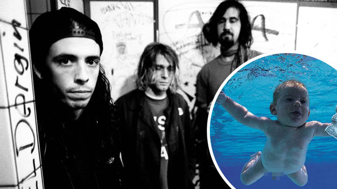 Nirvana with a photo of the Nevermind Baby inset