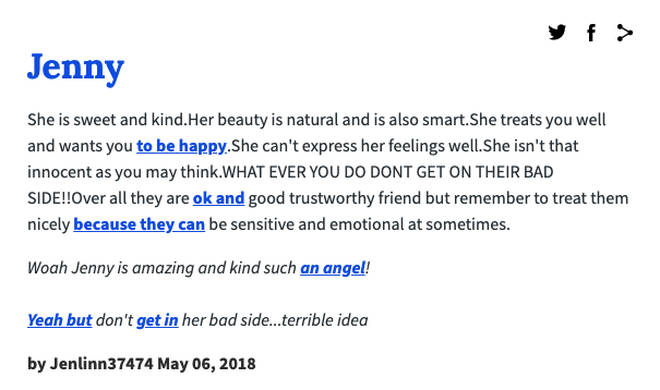 The meaning of Jenny on Urban Dictionary