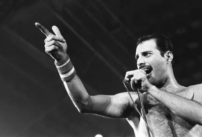 Freddie Mercury performing with Queen at Wembley Arena, 5 September 1984