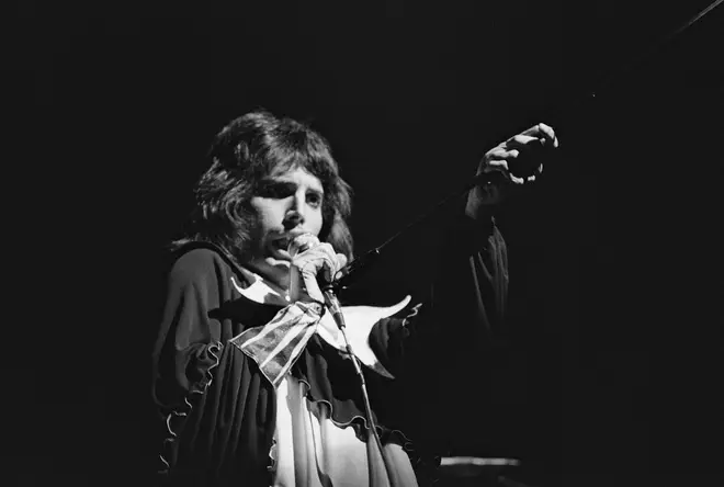 Freddie Mercury on stage with Queen in November 1973