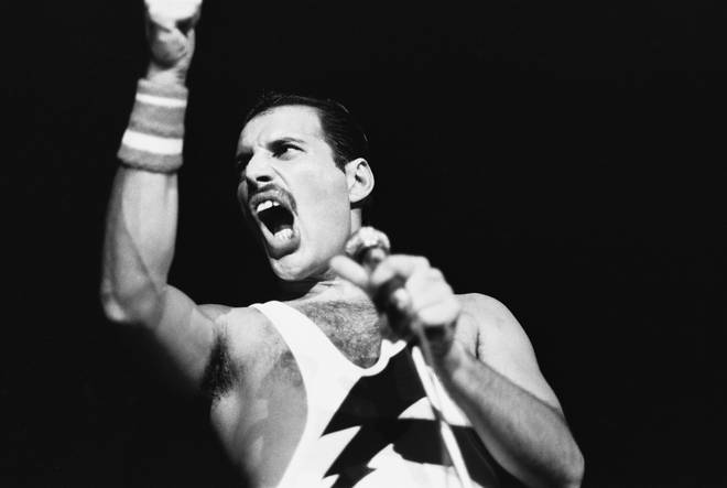 Freddie Mercury on stage at Wembley Arena, 5 September 1984