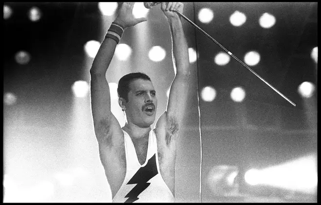Freddie Mercury of Queen performs on stage at Groenoordhal, Leiden, Netherlands, 20th September 1984.