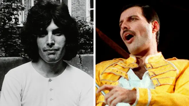 Freddie Bulsara in his college days in 1969 and Freddie Mercury performing live on stage at Wembley, 1986