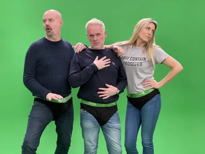 Dom, Chris and Pippa model the Official Chris Moyles Show pants!