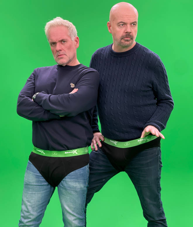 Chris Moyles and Dominic Byrne model the brand new pants.