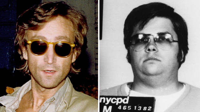 John Lennon shortly before his death in 1980 and the man that murdered him: Mark David Chapman