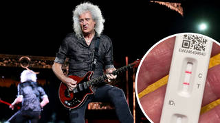 Queen's Brian May with Covid results inset