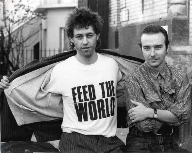 Bob Geldof and Midge Ure during the recording of 1984's Do They Know It's Christmas?