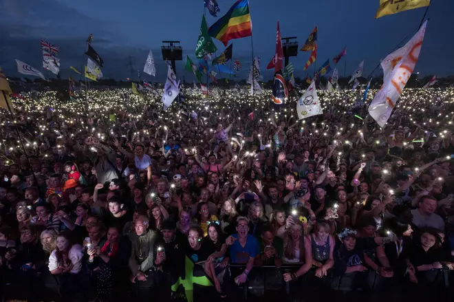Fans listen as Ed Sheeran performs on the Pyramid Stage at Glastonbury Festival 2017