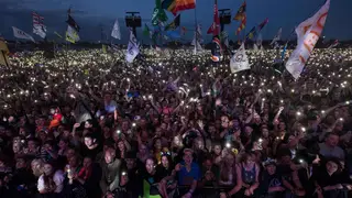 Fans listen as Ed Sheeran performs on the Pyramid Stage at Glastonbury Festival 2017