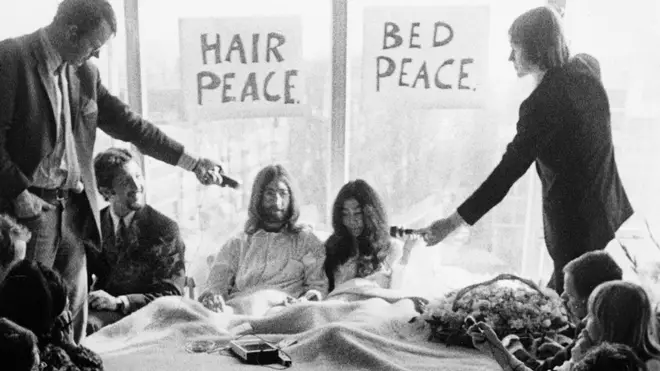 John Lennon and Yoko Ono in their bed in the Presidential Suite of the Hilton Hotel, Amsterdam, 25th March 1969