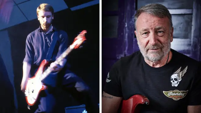 Peter Hook performing live with Joy Division in 1979 alongside a 2019 portrait