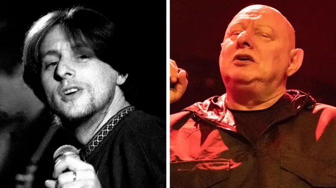 Shaun Ryder performing onstage with Happy Mondays in November 1989 and September 2021