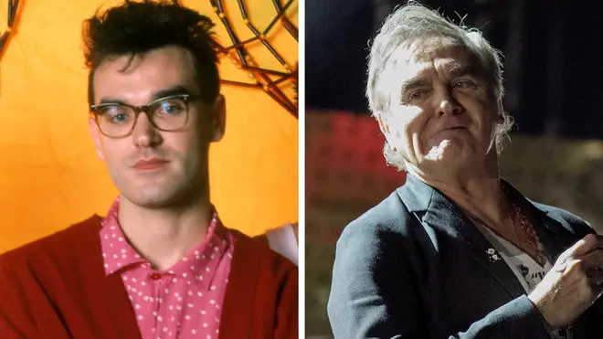 Morrissey at the time of Meat Is Murder in 1985; and on stage in London, March 2020