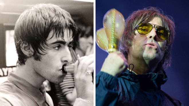 21-year-old Liam Gallagher swigs a beer at the Virgin Megastore in London in August 1994... and performing at Leeds Festival 27 years later.
