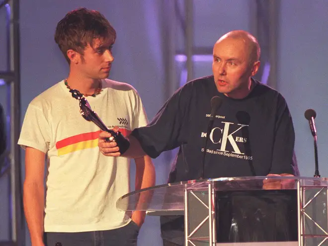 Damon Albarn of Blur and Irvine Welsh at the BRIT Awards, 1997
