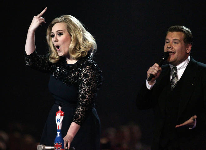 Adele and James Corden at the BRIT Awards, 2012