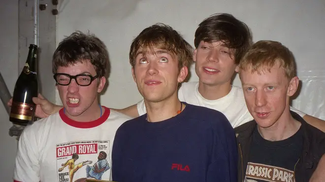 Blur receiving a Danish award at Sanremo circa 1997: left Graham Coxon,Damon Albarn,Alex James,Dave Rowntree