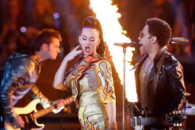 Katy Perry and Lenny Kravitz perform during thePepsi Super Bowl XLIX Halftime Show
