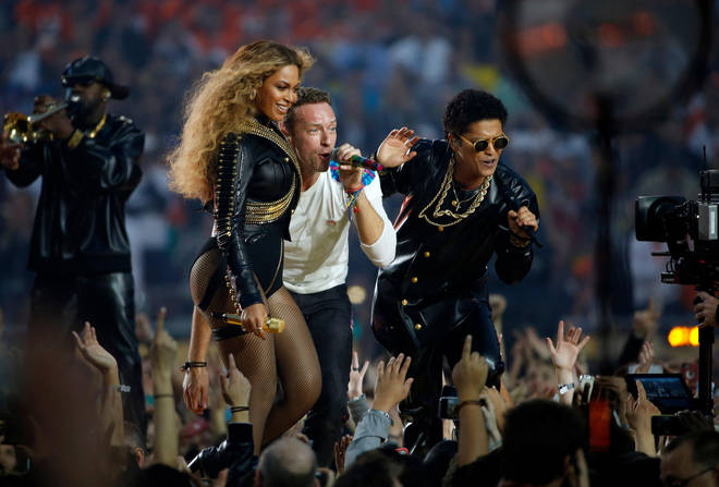 Chris Martin, Beyonce and Bruno Mars during the halftime show at Super Bowl 50, 2016.