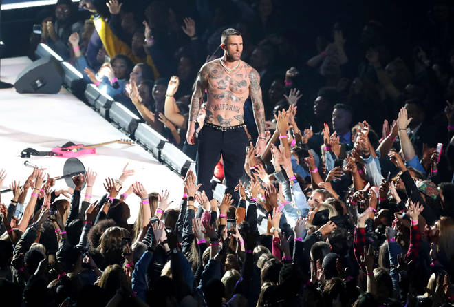Adam Levine of the band Maroon 5 performs during halftime of Super Bowl LIII, 2019.