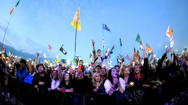 Fans watch Ed Sheeran perform on the Pyramid Stage during Glastonbury 2019
