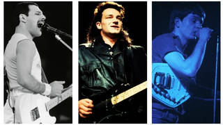 Could these frontmen master a guitar riff? Freddie Mercury. Bono and Ian Curtis