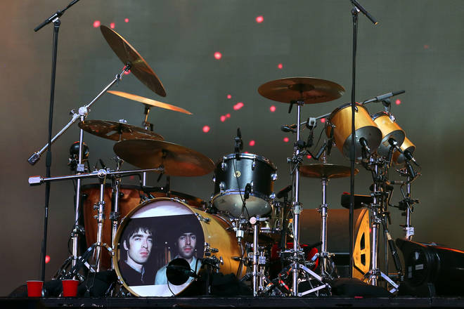 Taylor Hawkins' drum kit at Reading in 2019 - complete with photo of Liam and Noel Gallagher