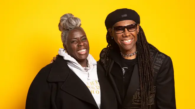 Conductor of The Kingdom Choir, Karen Gibson MBE and Nile Rodgers pose backstage ahead of  Concert for Ukraine at Resorts World Arena on March 29, 2022 in Birmingham