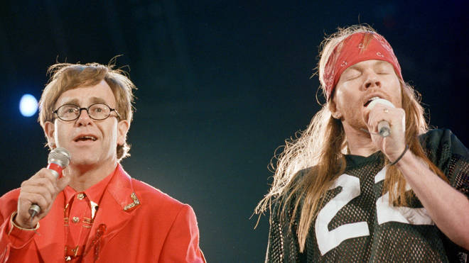Elton John and Axl Rose at the climax to the Freddie Mercury Tribute Concert