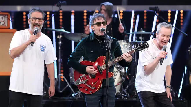 David Baddiel and Frank Skinner are joined by Ian Broudie of the Lightning Seeds to perform Three Lions one more time during the BBC Sports Personality of the Year ceremony in 2018