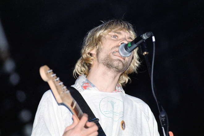 Kurt Cobain performing live on stage at Reading Festival, 1992