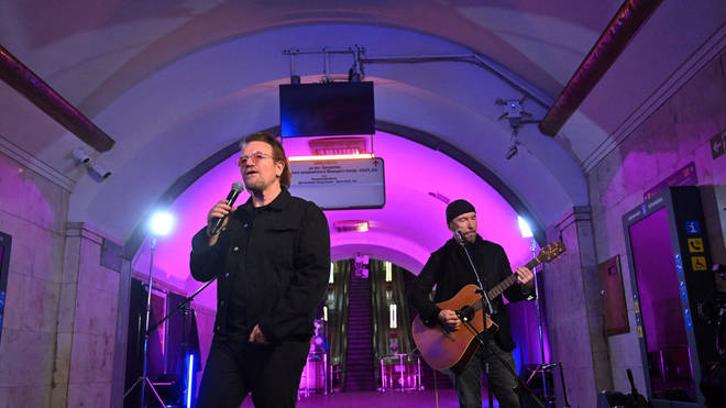 Bono and The Edge from U2 play Ukrainian bomb shelter