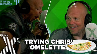 Tom Kerridge tries on Chris Moyles' special breakfast omelette