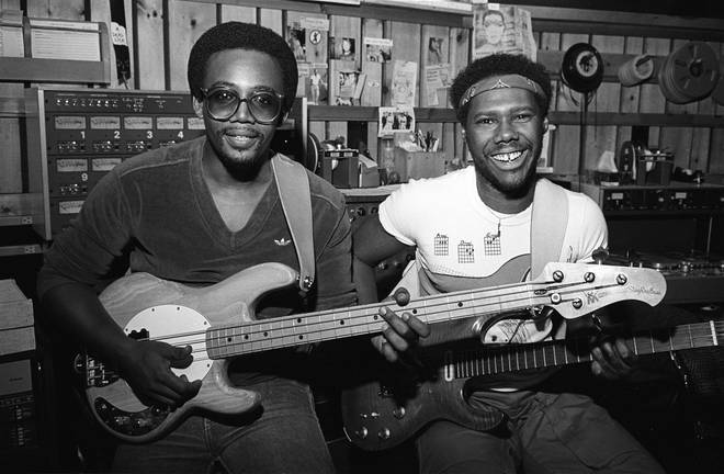 Bernard Edwards and Nile Rodgers in the Chic studio, July 1981