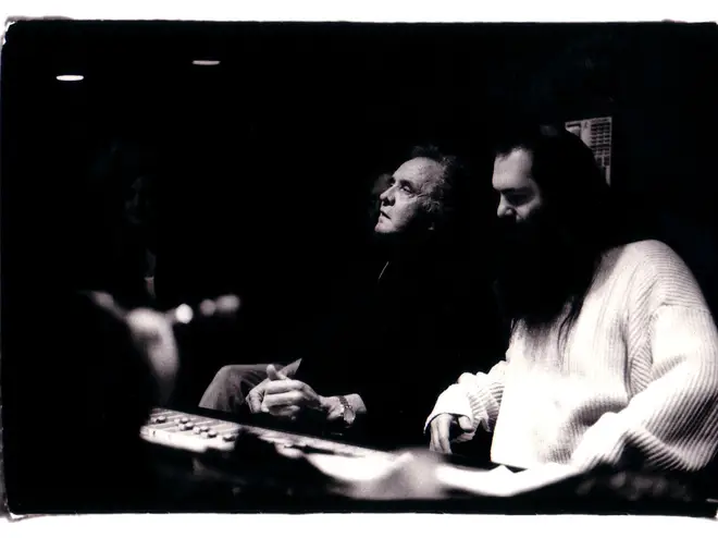 Johnny Cash and Rick Rubin in the studio in 1996
