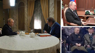 Russian President Vladimir Putin, left, listens to a question from American film director Oliver Stone during an interview at the Kremlin June 19, 2019 in Moscow, Russia