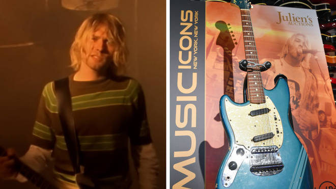 Kurt Cobain in Smells Like Teen Spirit and his iconic guitar from the video