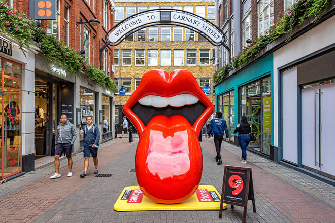 The Rolling Stones lips logo rolls out for the opening of the band's pop up store in Carnaby Street, September 2020