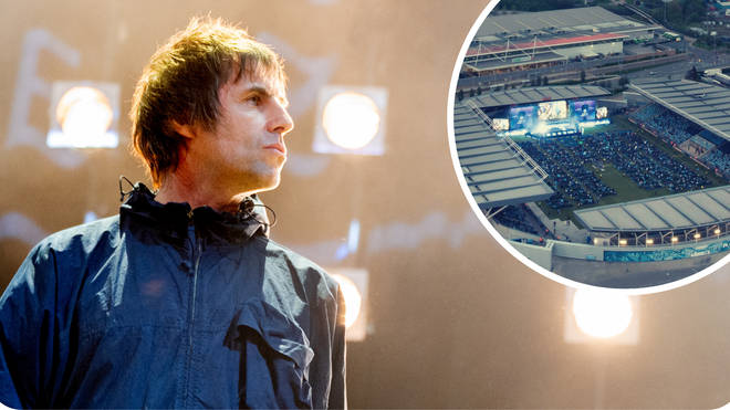 Liam Gallagher with an image of Manchester City's Etihad Stadium inset