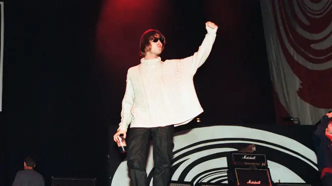Liam Gallagher onstage on the second night at Knebworth, 11th August 1996