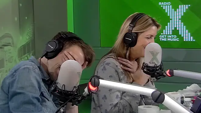 James and Pippa laugh as competition winner is caught on the toilet on The Chris Moyles Show