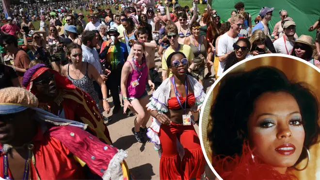 Glastonbury revellers with Diana Ross inset
