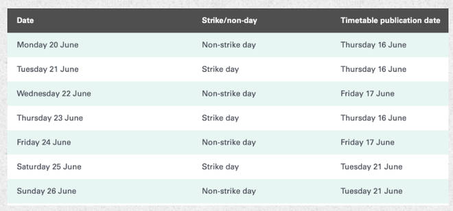 Railway strike timetable on the Glastonbury website
