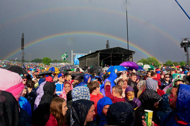 A double rainbow appears in the sky above the site on the first official day of the Glastonbury Festival on June 27, 2014.