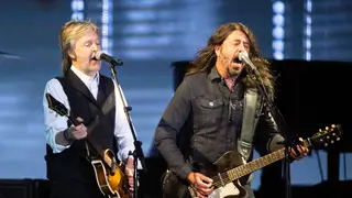 Paul McCartney performs with Dave Grohl as he headlines the Pyramid Stage