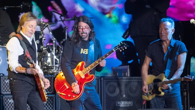 Paul McCartney performs with Bruce Springsteen and Dave Grohl as he headlines the Pyramid Stage