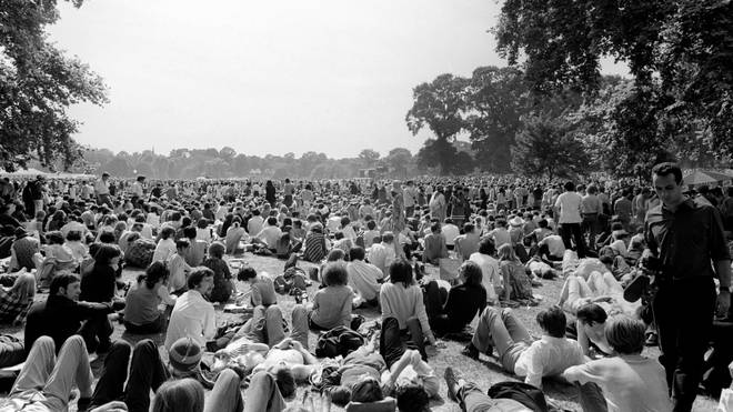 Huge crowds gathered to watch the all day concert at Hyde Park, which was headlined by the Rolling Stones. 5th July 1969
