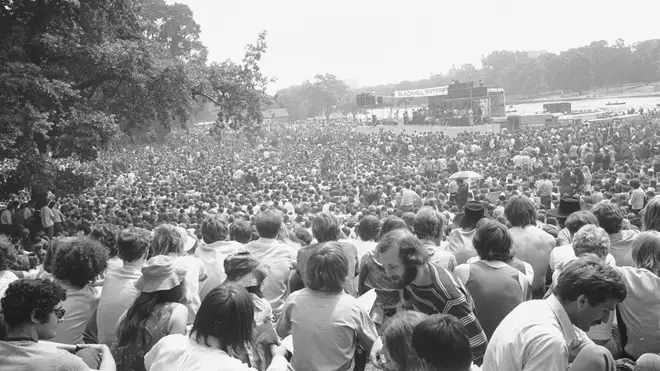Part of the vast crowd gathered in Hyde Park for the free concert given by the Rolling Stones. 5th July 1969.